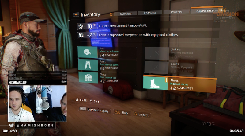 Screenshot from Massive’s Twitch stream of the new Survival mode. Players must keep warm. Formerly useless cosmetic items from the main game now offer cold resistance. But players start with none of this gear and have to find items as they explore and fight to stay alive.